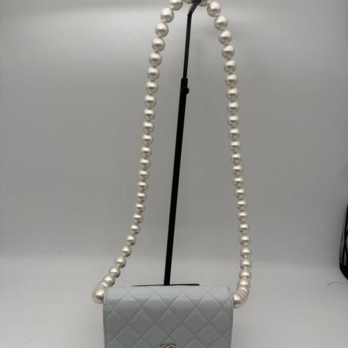 Chanel Light Blue Quilted Lambskin Clutch with Chain and Pearl Strap photo 2
