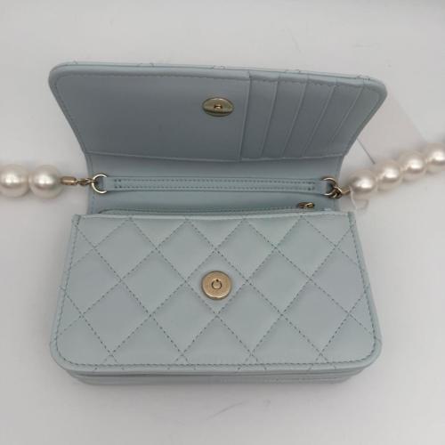 Chanel Light Blue Quilted Lambskin Clutch with Chain and Pearl Strap photo 5