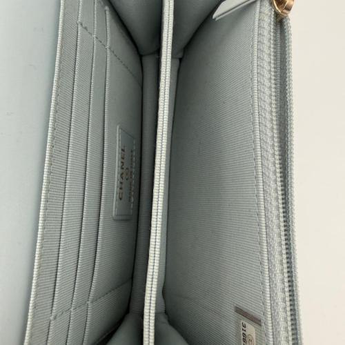Chanel Light Blue Quilted Lambskin Clutch with Chain and Pearl Strap photo 6