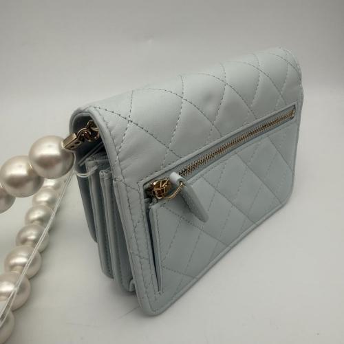 Chanel Light Blue Quilted Lambskin Clutch with Chain and Pearl Strap photo 7