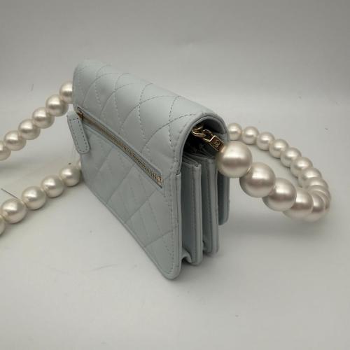 Chanel Light Blue Quilted Lambskin Clutch with Chain and Pearl Strap photo 8
