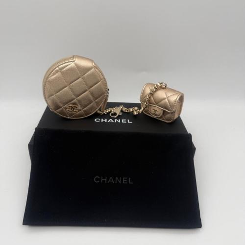 Chanel Gold Quilted Round Clip-on Coin Purse and AirPods Case Set