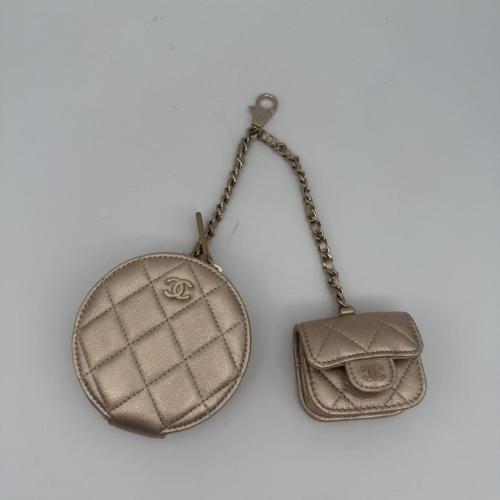 Chanel Gold Quilted Round Clip-on Coin Purse and AirPods Case Set photo 2