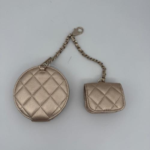Chanel Gold Quilted Round Clip-on Coin Purse and AirPods Case Set photo 3