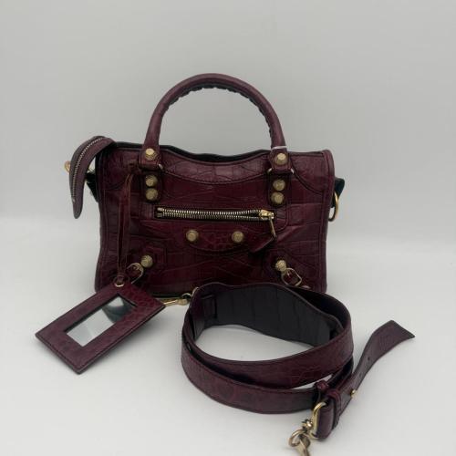 Balenciaga Burgundy Croc Embossed Leather Mini City Bag