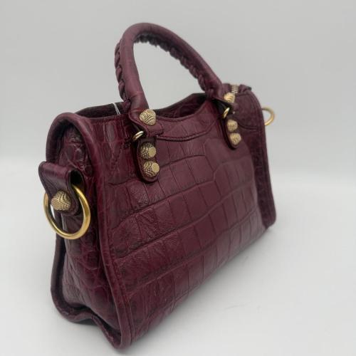 Balenciaga Burgundy Croc Embossed Leather Mini City Bag photo 7