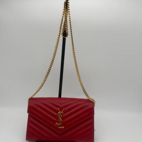 Yves Saint Laurent Red Chevron Quilted Leather Envelope Wallet on Chain