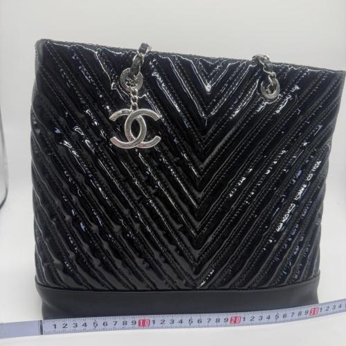 Chanel Black Patent Leather Chevron Shopping Tote
