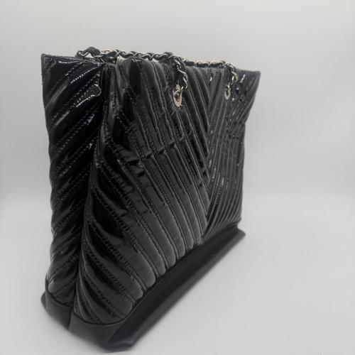 Chanel Black Patent Leather Chevron Shopping Tote photo 5