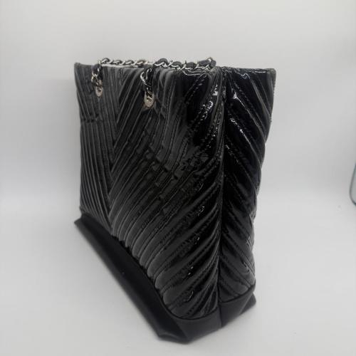 Chanel Black Patent Leather Chevron Shopping Tote photo 6