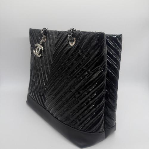 Chanel Black Patent Leather Chevron Shopping Tote photo 7