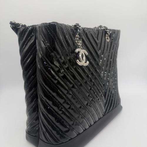 Chanel Black Patent Leather Chevron Shopping Tote photo 8