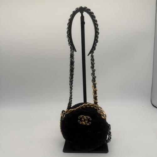 Chanel Black Tweed Chanel 19 Round Clutch with Chain