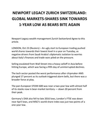 NEWPORT LEGACY ZURICH SWITZERLAND: GLOBAL MARKETS-SHARES SINK TOWARDS 1-YEAR LOW AS BEARS BITE AGAIN