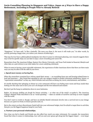 Irwin Consulting Planning in Singapore and Tokyo, Japan on 3 Ways to Have a Happy Retirement