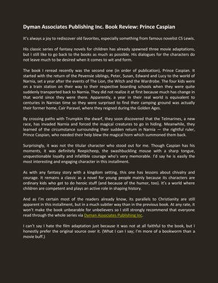 Dyman Associates Publishing Inc. Book Review: Prince Caspian