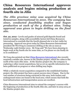 China Resources International approves analysis and begins mining production at fourth site in Jilin