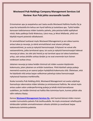 Westward Pub Holdings Company Management Services Ltd Review: Kun Pub johto seuraavalle tasolle