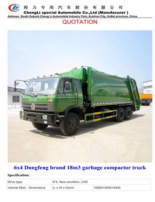 6x4 Dongfeng brand 18m3 garbage compactor truck