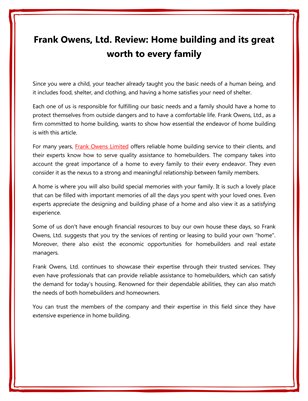 Frank Owens, Ltd. Review: Home building and its great worth to every family