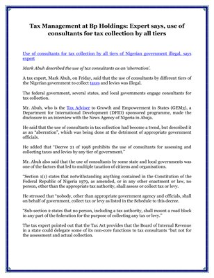 Tax Management at Bp Holdings: Expert says, use of consultants for tax collection by all tiers