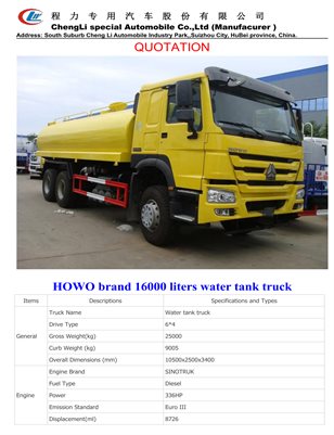 HOWO brand 16000 liters water tank truck