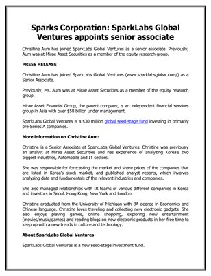 Sparks Corporation: SparkLabs Global Ventures appoints senior associate