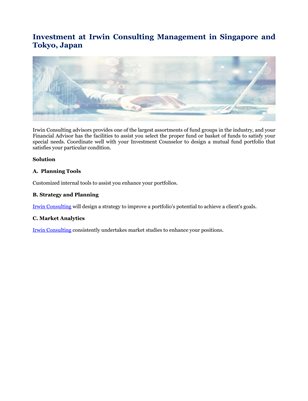 Investment at Irwin Consulting Management in Singapore and Tokyo, Japan