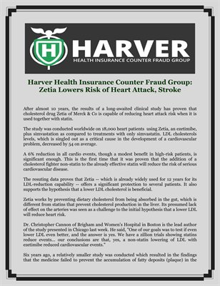 Harver Health Insurance Counter Fraud Group: Zetia Lowers Risk of Heart Attack, Stroke