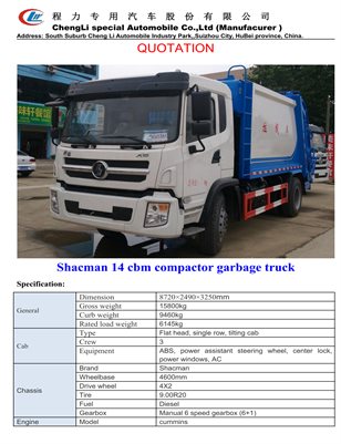 Shacman 14 cbm compactor garbage truck
