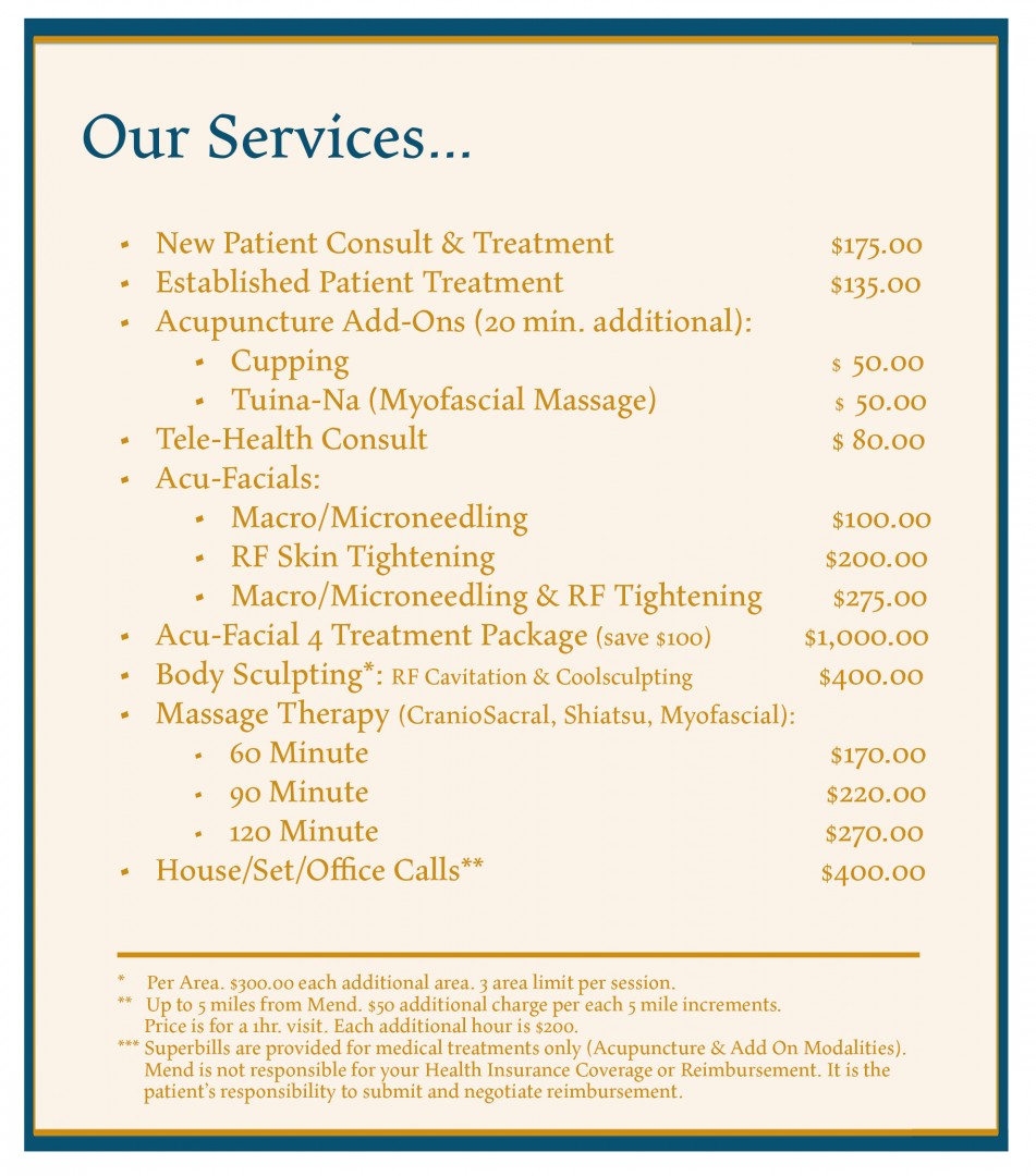 Mend Acupuncture fee structure