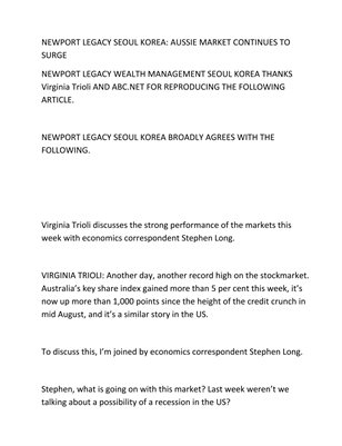 NEWPORT LEGACY SEOUL KOREA: AUSSIE MARKET CONTINUES TO SURGE