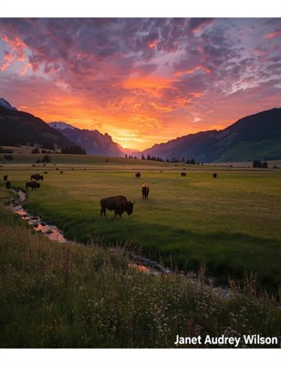 Grazing Bison and Buffalo and Sunset Beach