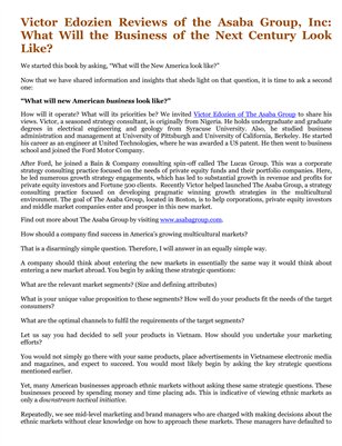 Victor Edozien Reviews of the Asaba Group, Inc: What Will the Business of the Next Century Look Like?