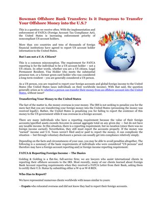 Bowman Offshore Bank Transfers: Is it Dangerous to Transfer Your Offshore Money into the U.S.?