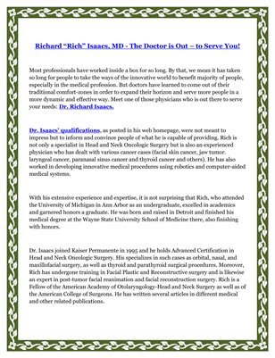  Richard “Rich” Isaacs, MD - The Doctor is Out – to Serve You!