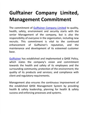 Gulftainer Company Limited, Management Commitment