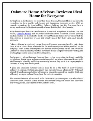 Oakmere Home Advisors Reviews: Ideal Home for Everyone