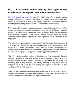 SV TCL & Associates Probe Company China Japan Europe Rated One of the Highest Test Consumable Suppliers