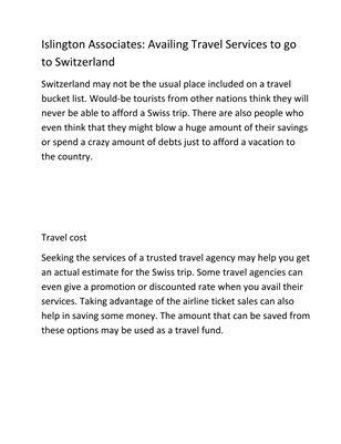 Islington Associates: Availing Travel Services to go to Switzerland