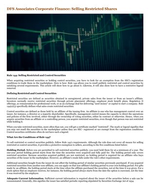 DFS Associates Corporate Finance: Selling Restricted Shares