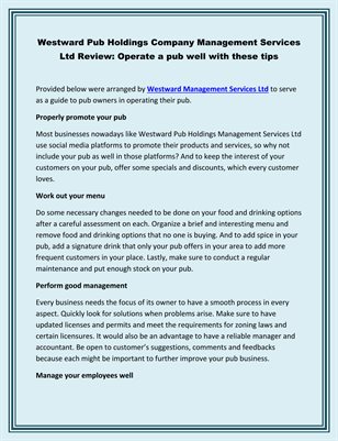 Westward Pub Holdings Company Management Services Ltd Review: Operate a pub well with these tips