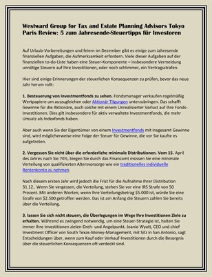 Westward Group for Tax and Estate Planning Advisors Tokyo Paris Review: 5 zum Jahresende-Steuertipps für Investoren