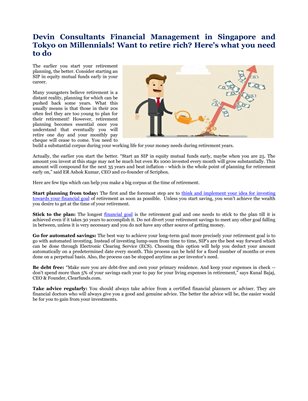 Devin Consultants Financial Management in Singapore and Tokyo on Millennials! Want to retire rich? Here's what you need to do