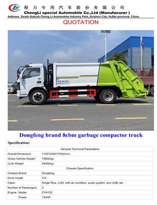 Dongfeng brand 8cbm garbage compactor truck