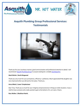 Asquith Plumbing Group Professional Services: Testimonials
