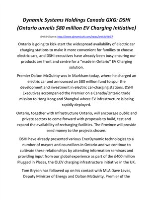 Dynamic Systems Holdings Canada GXG: DSHI (Ontario unveils $80 million EV Charging Initiative)