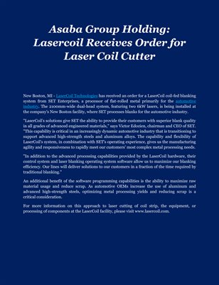 Asaba Group Holding: Lasercoil Receives Order for Laser Coil Cutter