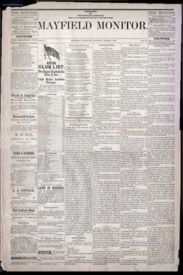 (PAGES 1-2) MARCH 01, 1879 MAYFIELD MONITOR NEWSPAPER, MAYFIELD, GRAVES COUNTY, KENTUCKY