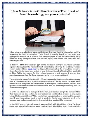 Hass & Associates Online Reviews: The threat of fraud is evolving; are your controls?
